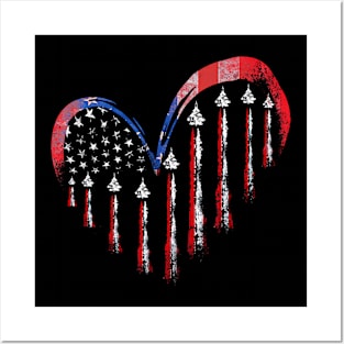 Fighter Jet Airplane American Flag Heart 4Th Of July Posters and Art